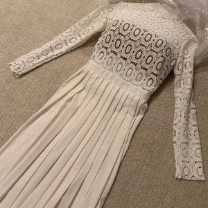 Self Portrait White Maxi Dress with Silk Pleated Skirt and Crocheted Sleeves